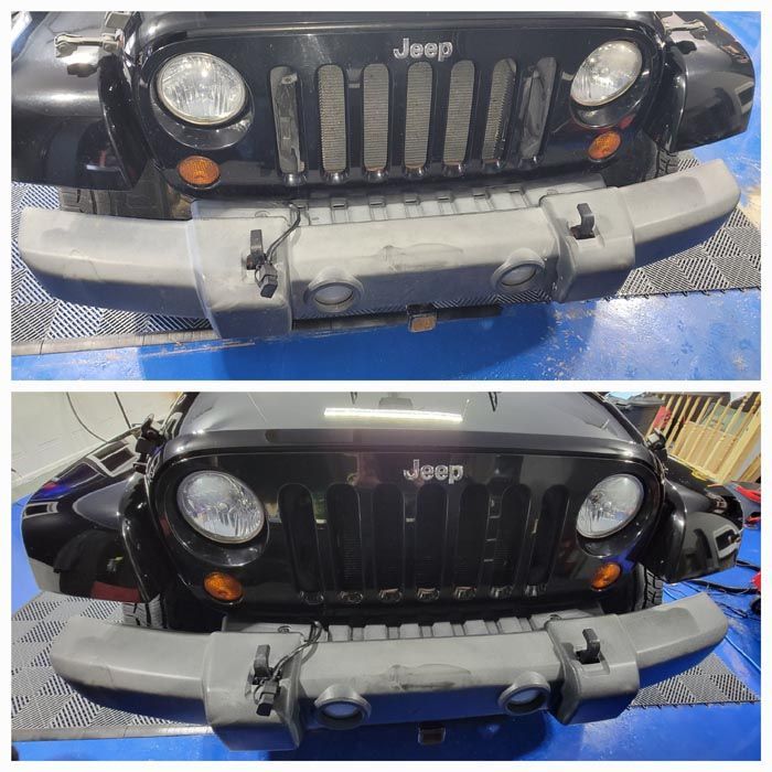 A before and after photo of a jeep 's front bumper.