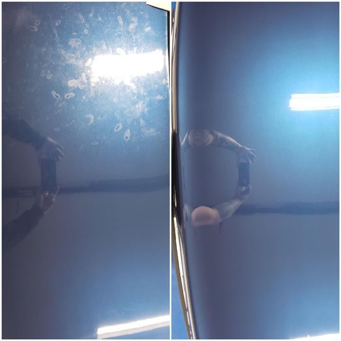 A before and after picture of a blue car.
