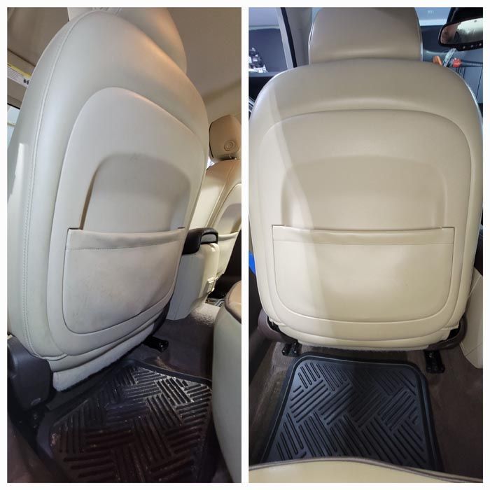 Two pictures of the back seats of a car