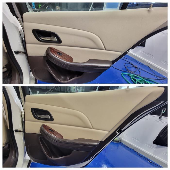 Two pictures of a car door before and after being cleaned