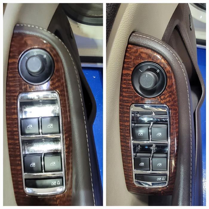 Two pictures of a car window control panel with wood trim