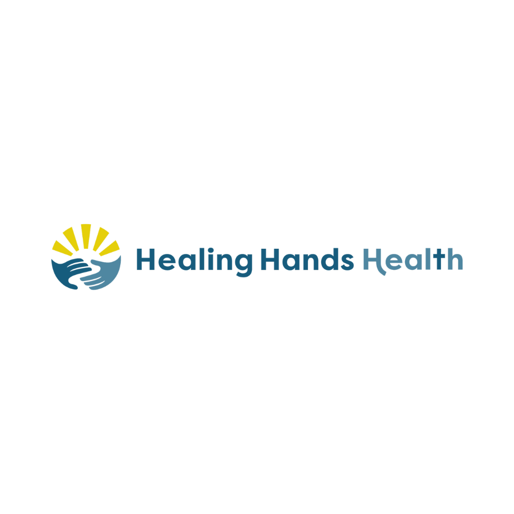A logo for healing hands health with two hands and a sun.
