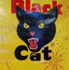 A black cat with its tongue out is on a yellow background with fireworks.