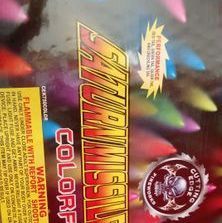 A box of colorful fireworks with a warning label on it.