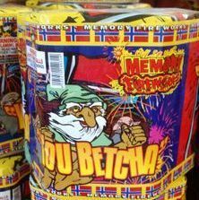 A can of fireworks with a gnome on it.