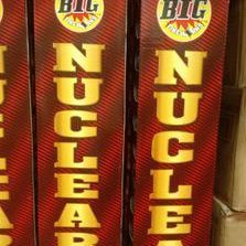 Three boxes of big nuclear fireworks are stacked on top of each other.
