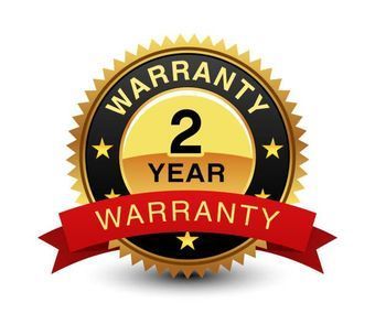 A blue and white sign that says 2 year warranty