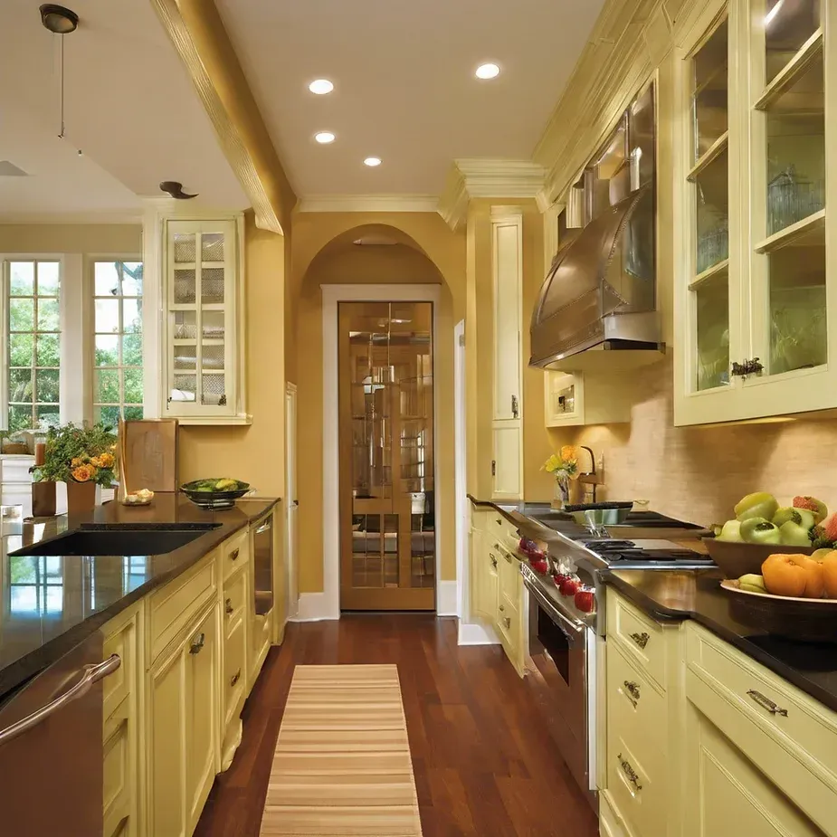 A kitchen with yellow cabinets and stainless steel appliances