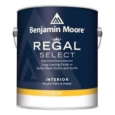 A one-gallon can of Benjamin Moore Regal Select interior paint with a dark blue label and a yellow band at the bottom.