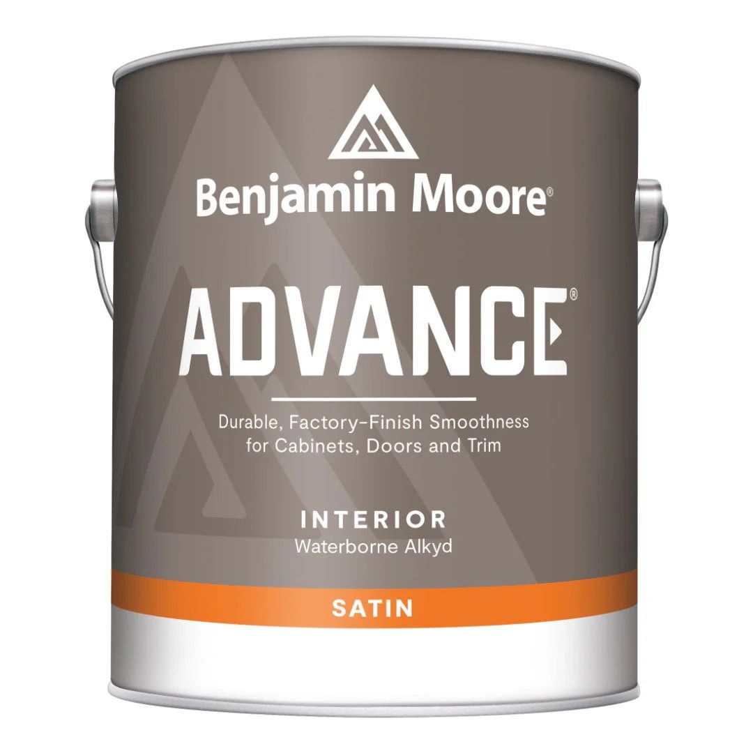 A gray can of Benjamin Moore Advance Interior Satin paint for cabinets, doors, and trim.