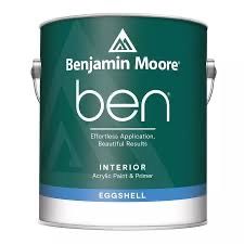 A teal Benjamin Moore ben Interior paint can with Eggshell finish.