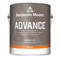A gray one-gallon can of Benjamin Moore Advance interior waterborne alkyd paint in a satin finish for cabinets and trim.