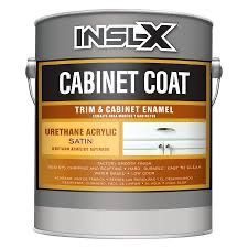 A gallon paint can of Insl-x Cabinet Coat trim and cabinet enamel in satin finish with a white cabinet on the label.