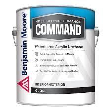A gallon can of Benjamin Moore Command Waterborne Acrylic Urethane paint in a gloss finish, for interior and exterior use.