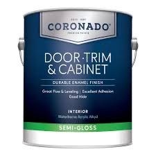 A paint can for Coronado Interior Door, Trim & Cabinet paint with a blue label and a green Semi-Gloss stripe.