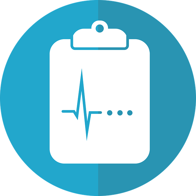 A clipboard with a heartbeat on it in a blue circle.