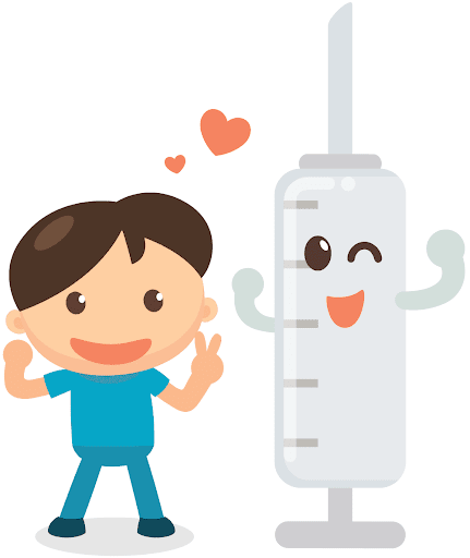 A boy is standing next to a syringe with a face on it.
