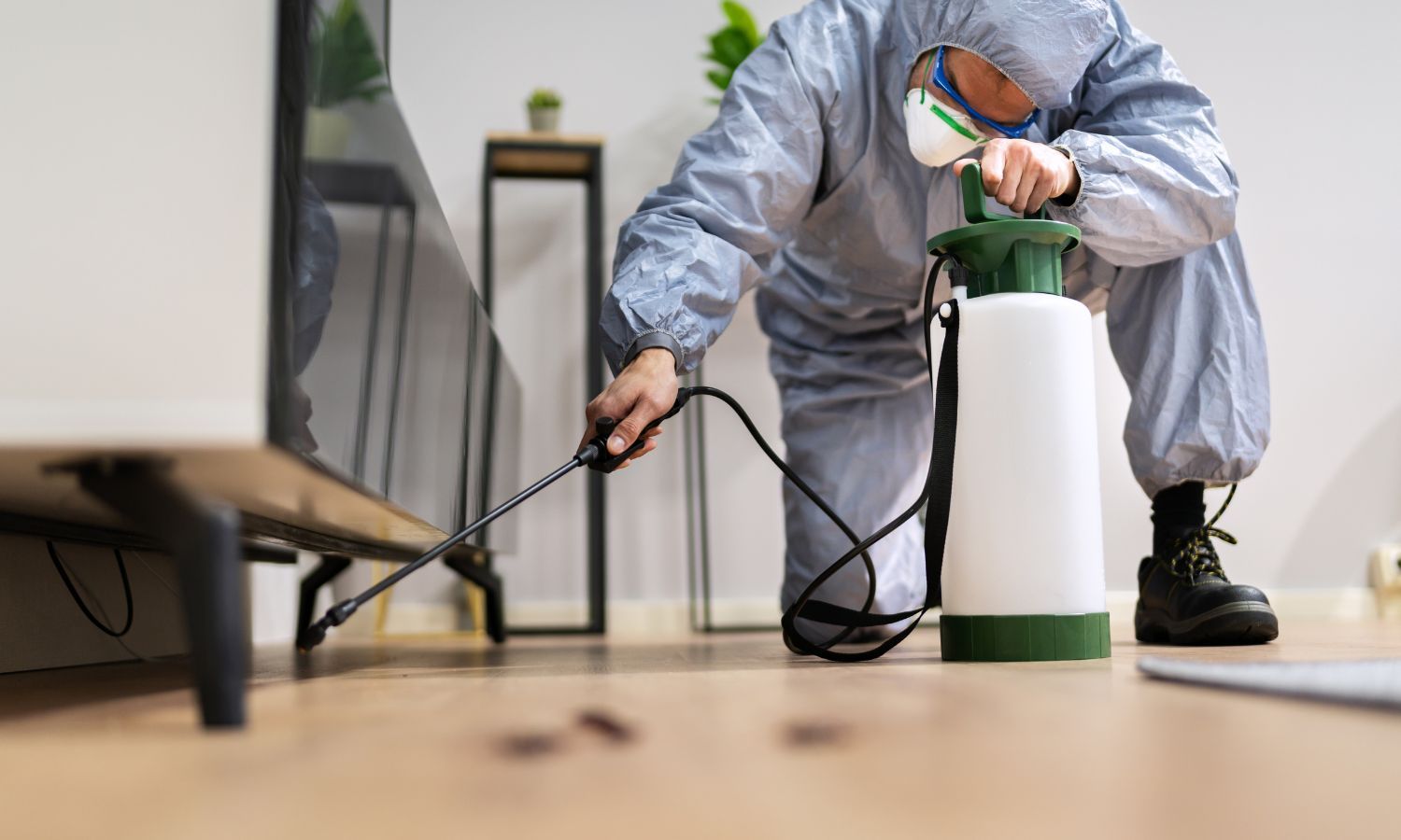 Pest control worker in protective suit spraying insecticide along the floorboards indoors.