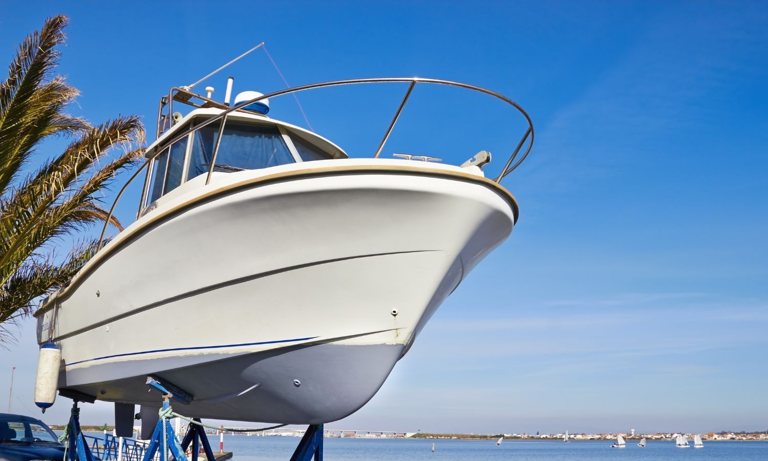 White boat on lift, palm tree and blue sky in background, near water.