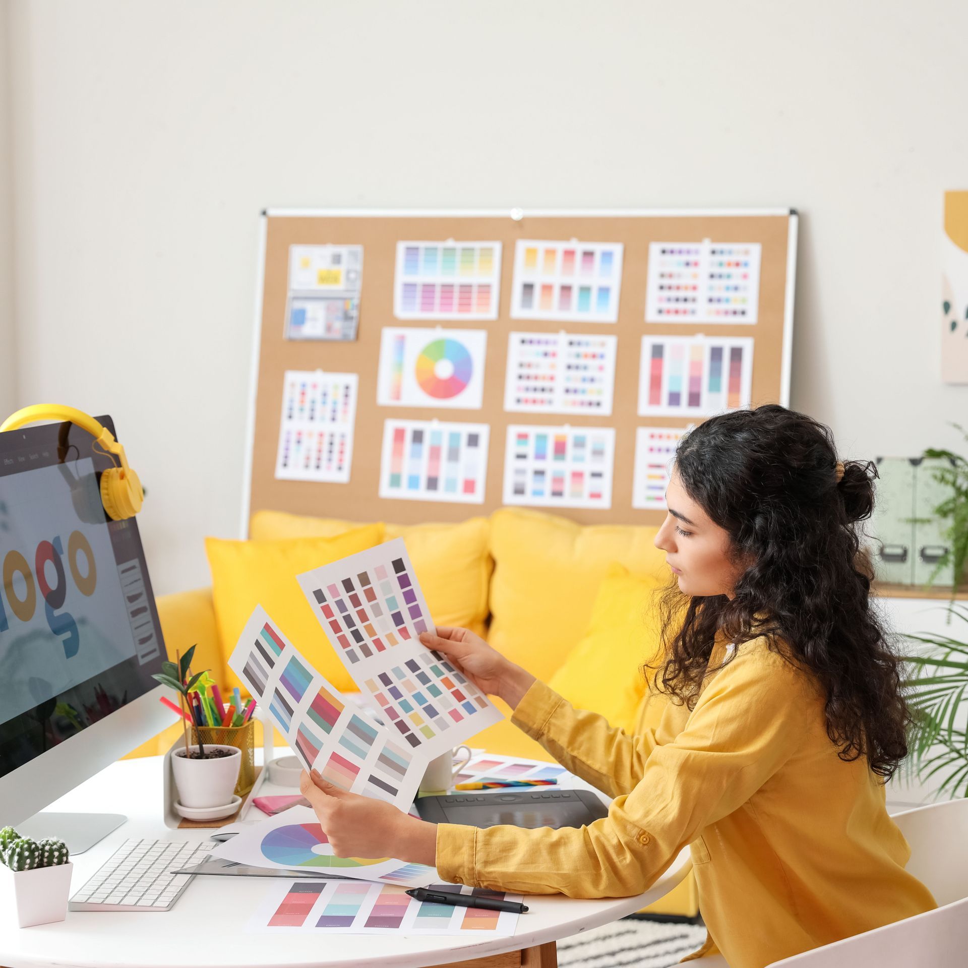 Rollers Media: Graphic designer working on a computer, reviewing color palettes in a bright, organized office space.
