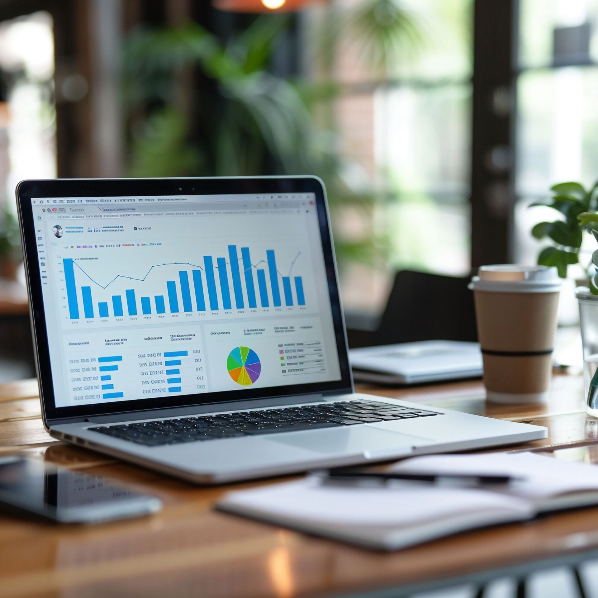 Rollers Media: Laptop displaying financial charts and graphs on a wooden table with coffee and a notebook.