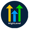 HighLevel logo: Three colored arrows pointing upwards in a dark blue circle.