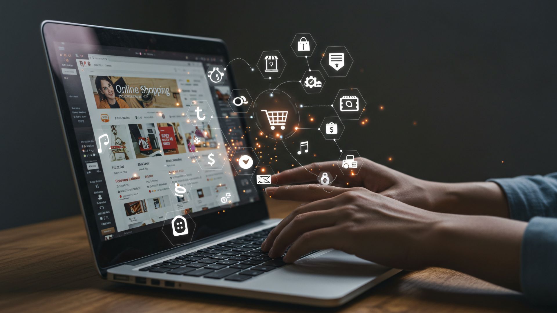 Person typing on a laptop, shopping online with digital icons and a webpage display.