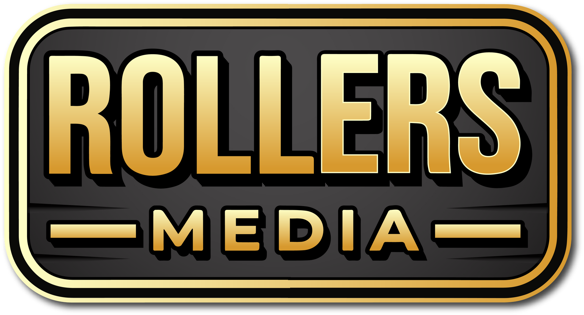 Gold and black logo for Rollers Media. Text: ROLLERS above MEDIA, all in a gold, thick font.