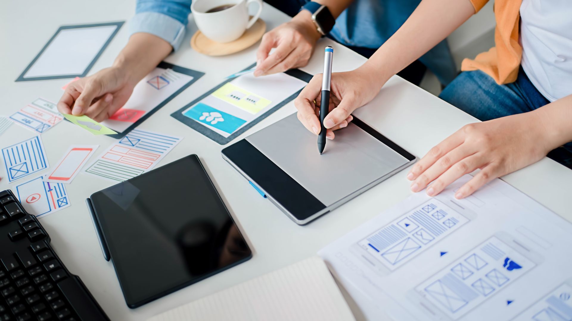 Web design layout shown on multiple devices: desktop, laptop, tablet, and smartphone. Blue background.