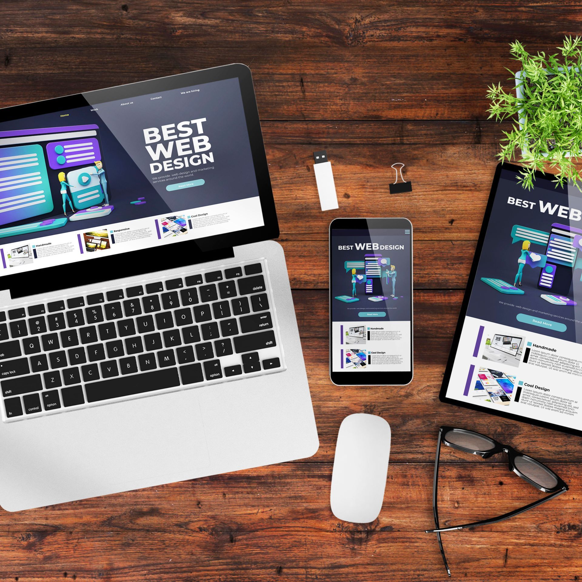 Rollers Media: Laptop, phone, and tablet showcasing a website design on a wooden desk, with accessories.