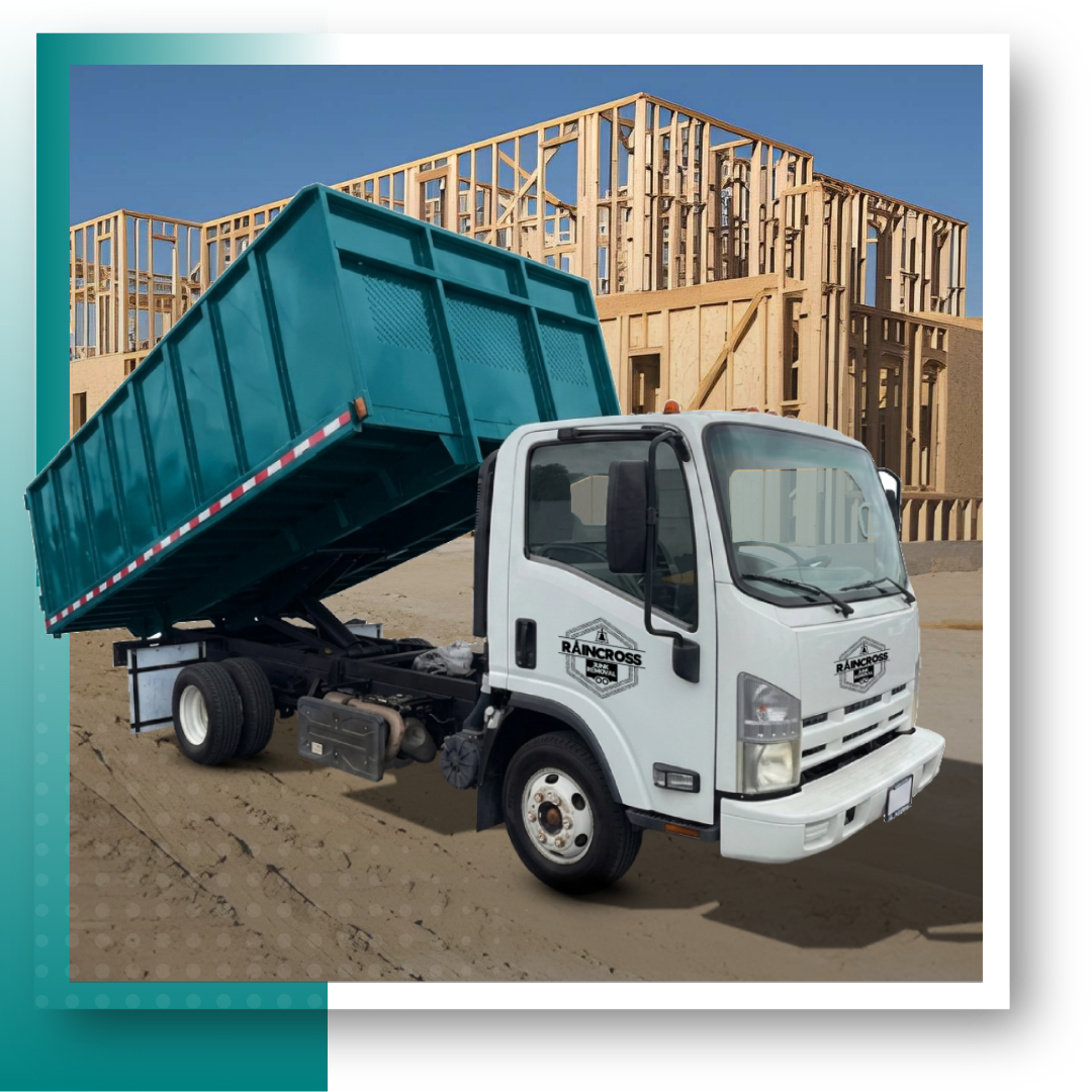 A dump truck with graphics on it.