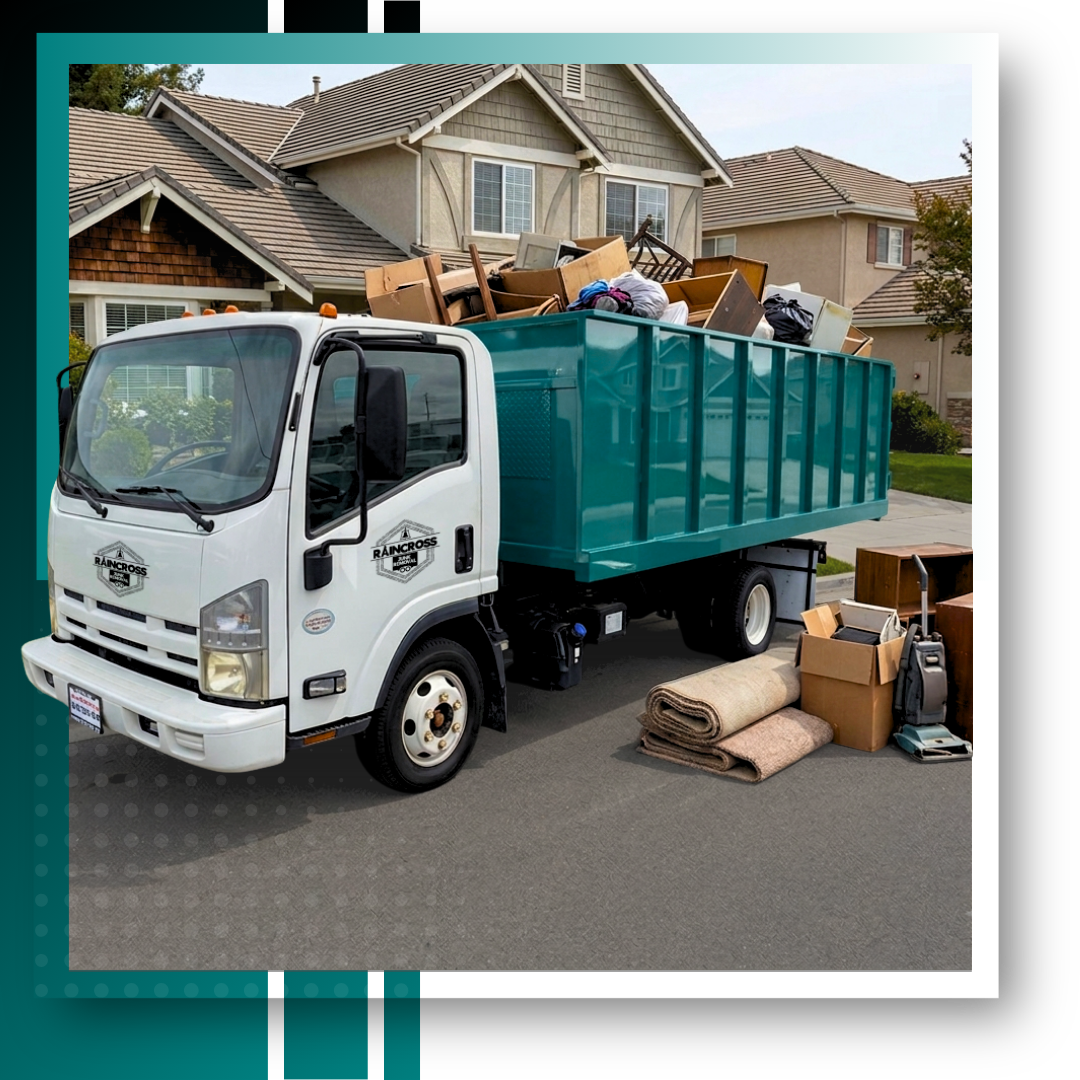 dumpster truck parked in front of a house.