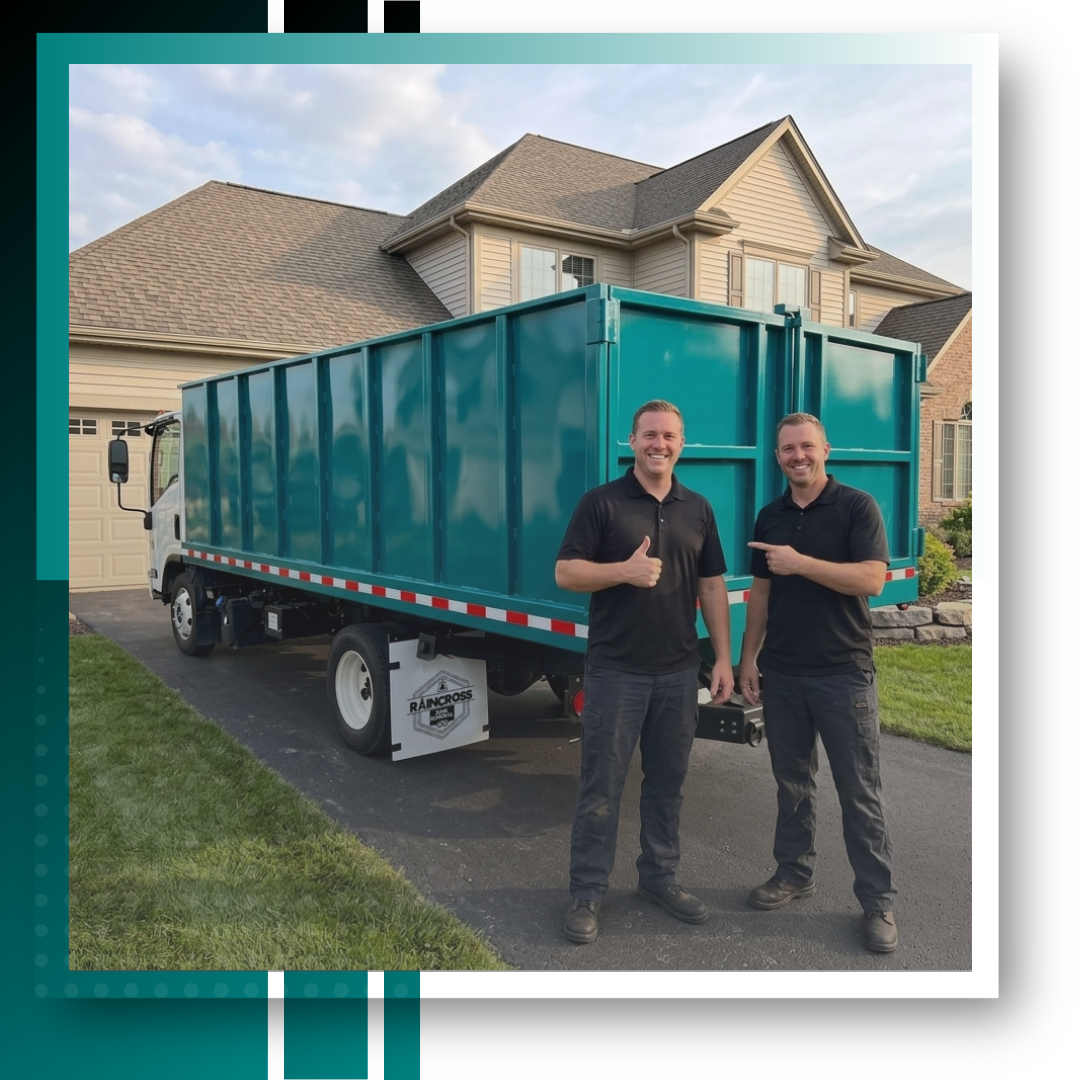 An image of two men and behind them is dumpster truck, with graphics