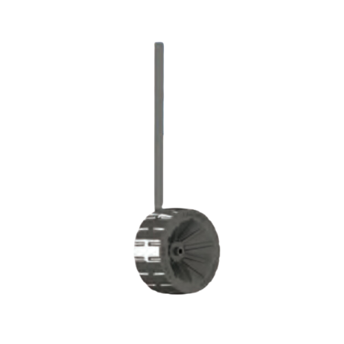 A black wheel with a metal pole attached to it on a white background.