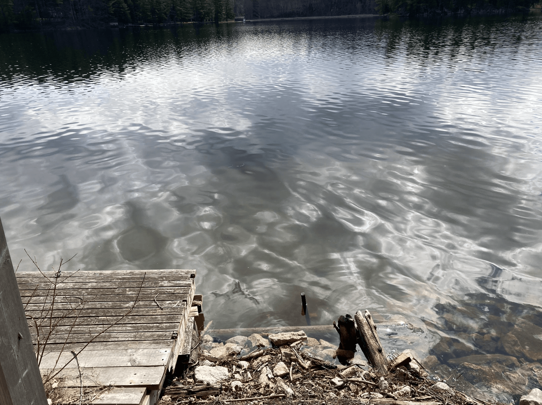 A wooden dock is sitting on the shore of a lake.