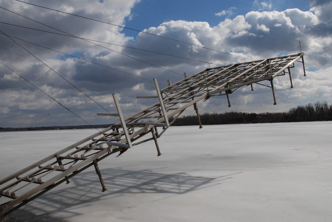 Tower Dock lifted in off season. Water is frozen.
