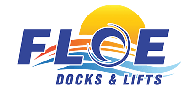 A logo for floe docks and lifts with a sun in the background