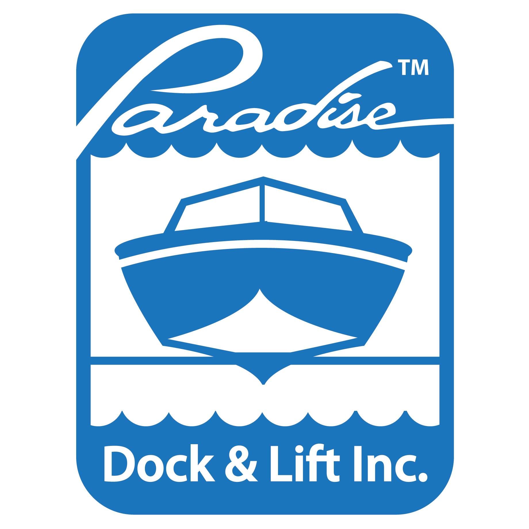 A blue and white logo for paradise dock & lift inc.