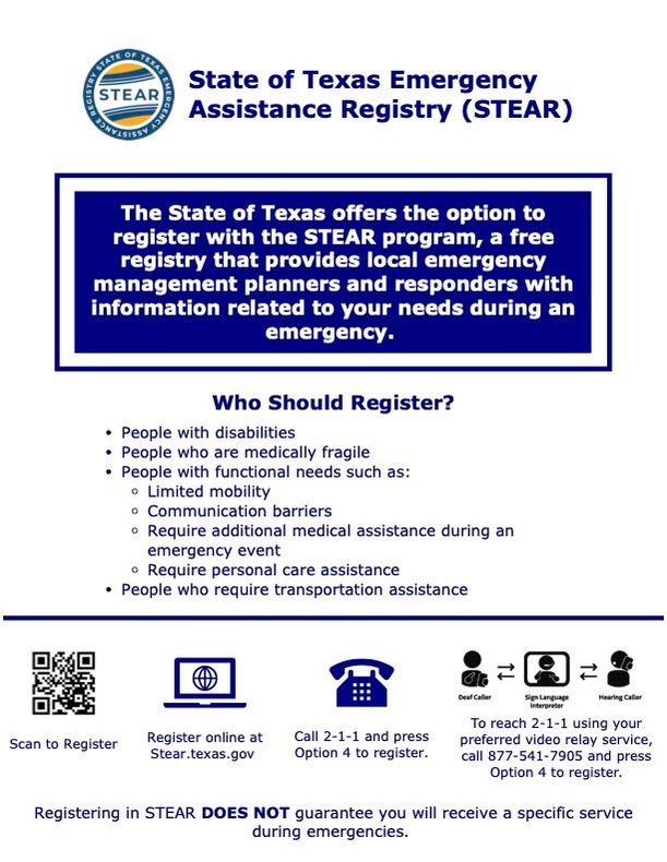 Flyer for the State of Texas Emergency Assistance Registry (STEAR), listing who should register and how.