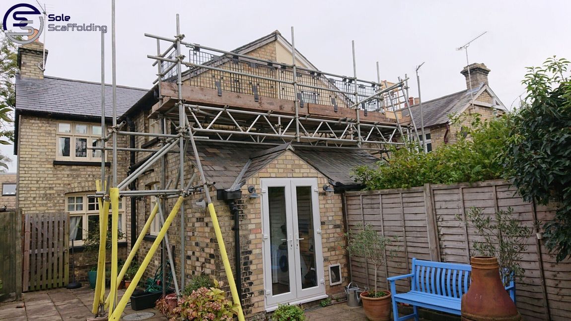 sole scaffolding - bridged scaffold over roof - Ely