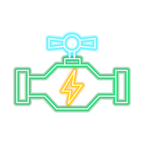 Neon illustration of a valve with a lightning bolt in the center, indicating electrical energy.
