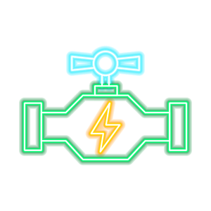Neon illustration of a valve with a lightning bolt in the center, indicating electrical energy.