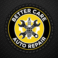 Logo for Better Care Auto Repair, featuring tools, a spark plug, and yellow and black details.