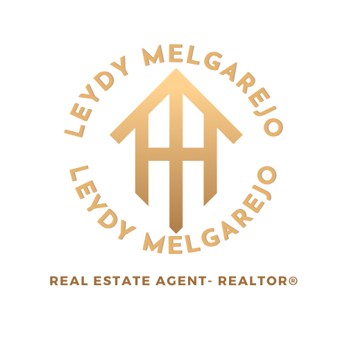 Gold logo: "Leydy Melgarejo" encircles a stylized house icon, with "Real Estate Agent - REALTOR&reg;" below.