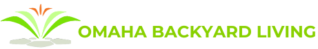 A logo for omaha backyard living with a green flower on a white background.