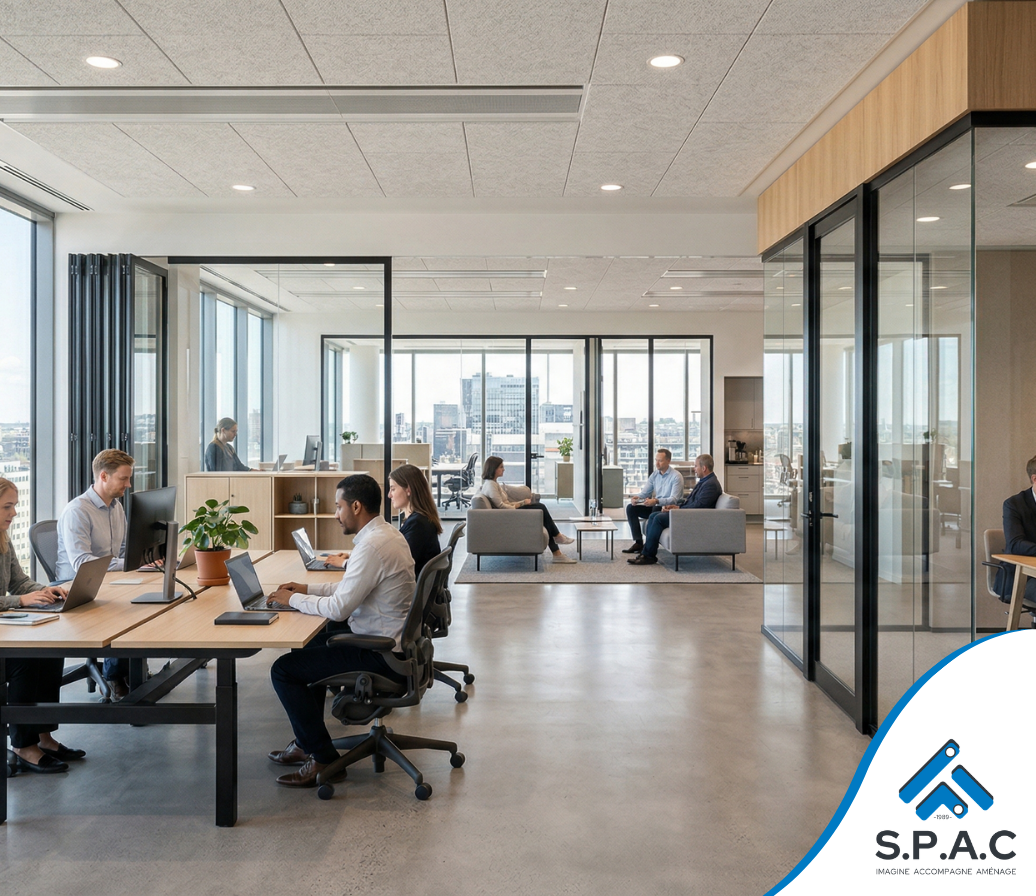 Bureau moderne à aire ouverte avec des employés travaillant à des bureaux, des cloisons vitrées et des espaces de détente avec de grandes fenêtres.