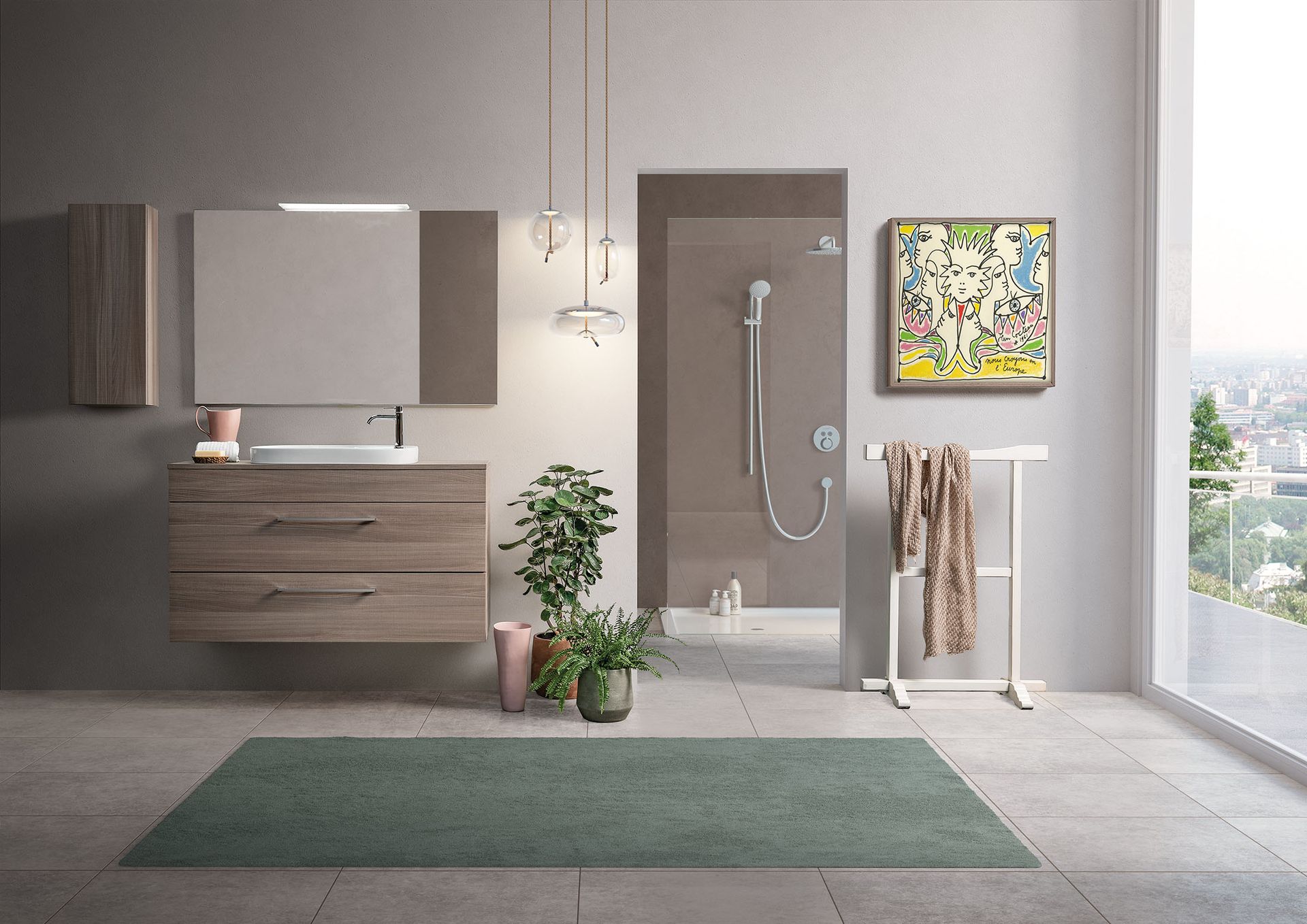 Een badkamer met wastafel, spiegel en douche.