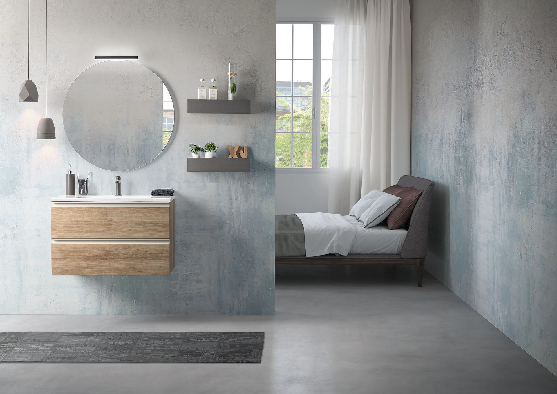 Een badkamer met een wastafel, spiegel en bed.