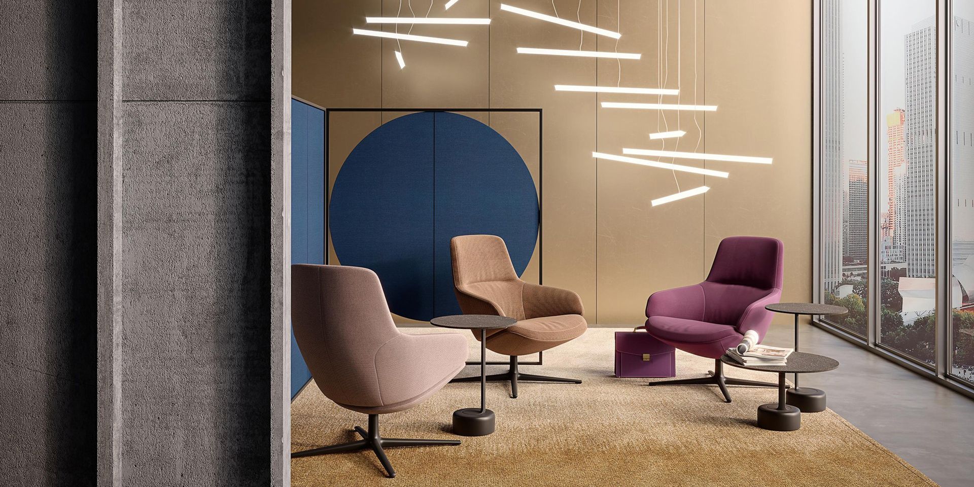 Een kamer met veel stoelen en tafels.