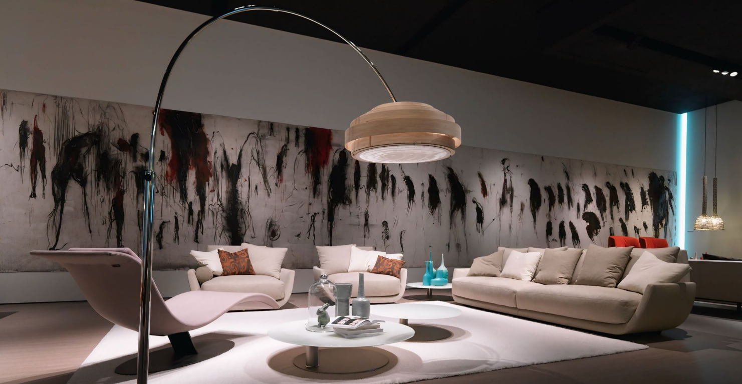 Een woonkamer met een bank, stoel en lamp